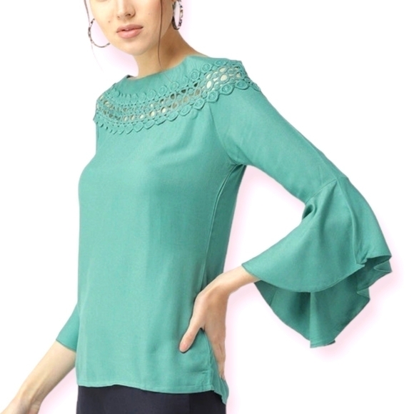 Teal Crochet Eyelet Lace Bell Flare Sleeve A Line Blouse Size Small - Picture 2 of 10